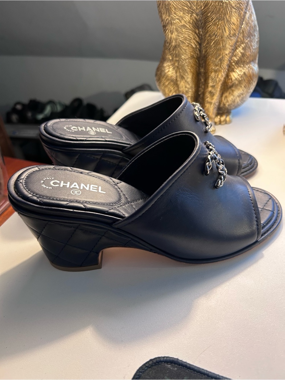 CHANEL Black Quilted Leather Open-Toe Mule with Silver CC - Picture 4 of 10